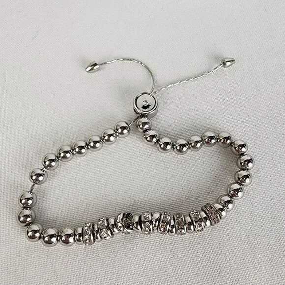 Silver Beaded Rhinestone Metallic Adjustable Bracelet - Picture 2 of 4